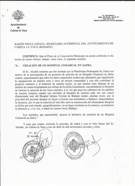 Documento Del Ayuntamiento De Cabeza La Vaca Al Proyecto Del Hospital