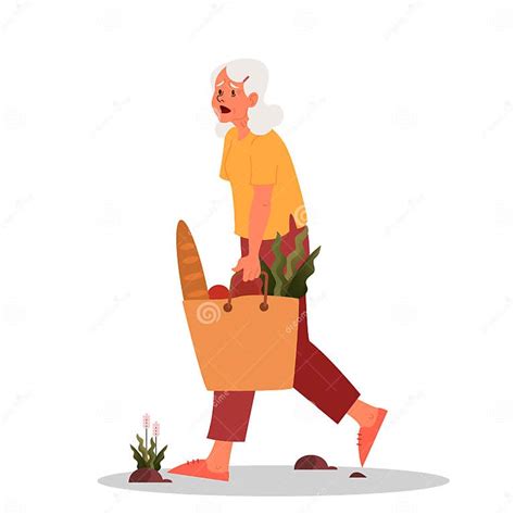 Tired Old Woman Walking With A Grocery Bag Eldery Person With Lack