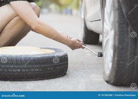 Woman Changing Wheel On A Roadside Stock Photo Image Of Emergency Driver