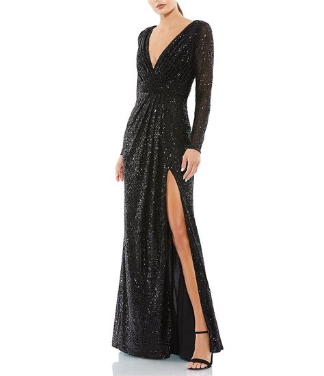 Ieena For Mac Duggal Long Sleeve Deep Surplice V Neck Sequin Thigh High