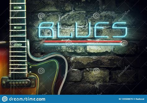 Vintage Guitar And A Neon Inscription Blues On The