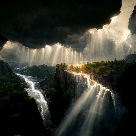 Sun Rays Through Black Clouds Shining On Waterfalls Midjourney Openart