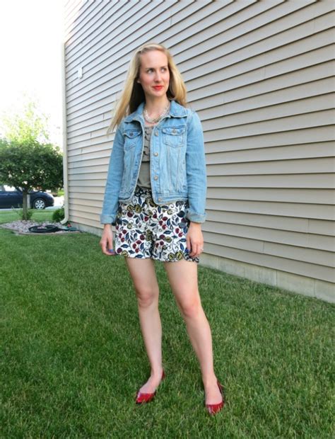 floral shorts jean jacket red flats summer weekend outfit summer fun floral shorts
