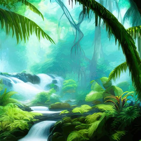 Tropical Botanical Landscape Vector Illustration With Waterfalls And