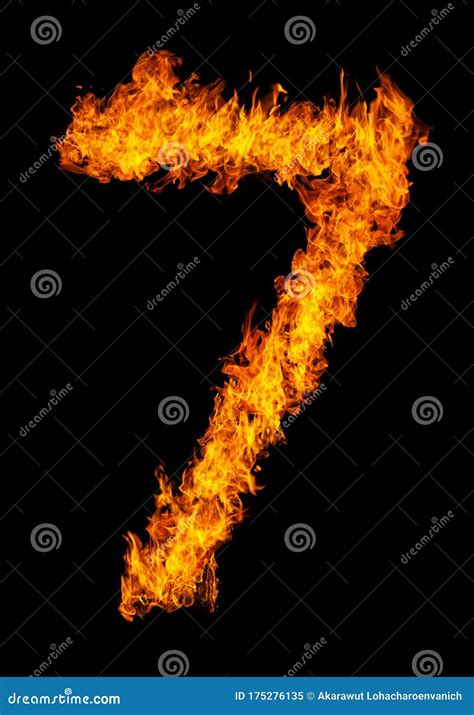 Number 7 Font In Burning Fire Isolated On Dark Background For Numeric