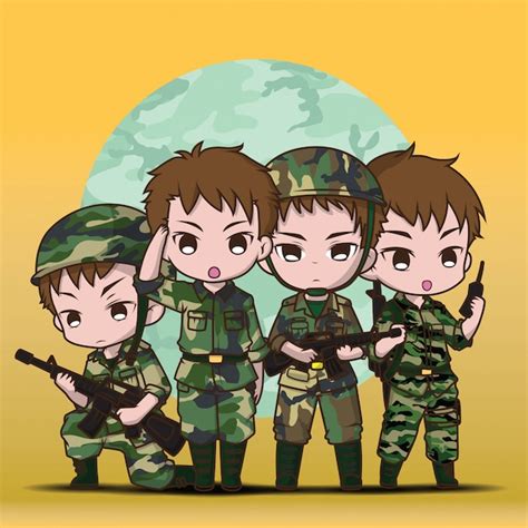 Cute Army Soldier Boy Set Cartoon Premium Vector