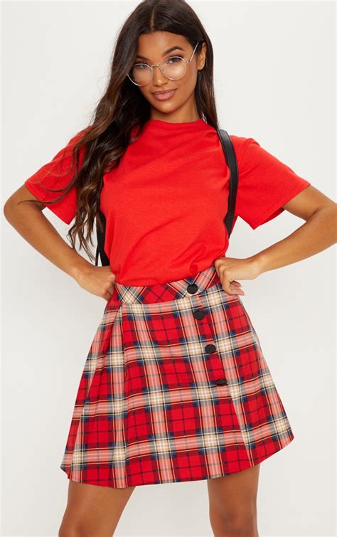 Red Tartan Pleated Button Mini Skirt Skirts Prettylittlething Qa