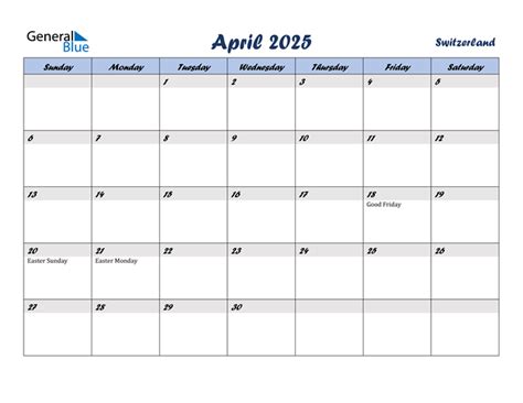 Switzerland April 2025 Calendar With Holidays
