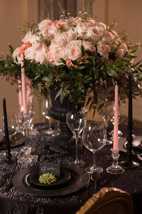 Dramatic Black Table Decor With Blush Blooms And Candles Blush Wedding
