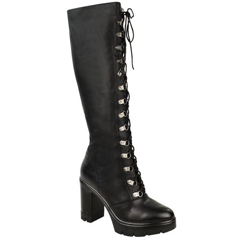 ladies womens knee high boots chunky platform goth combat lace up grip sole size ebay