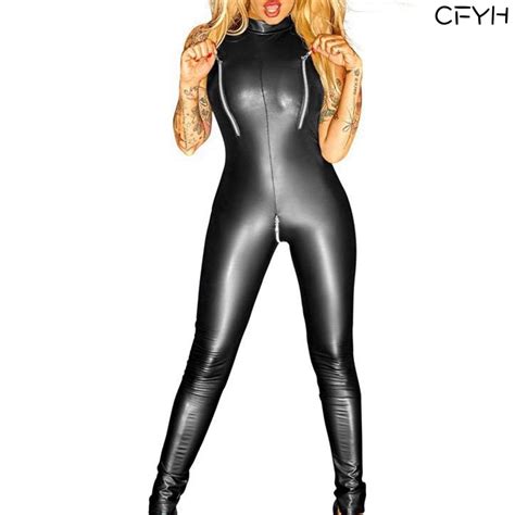 2018 Hot Sale Women Sexy Latex Open Crotch Jumpsuit Erotic Clubwear Zipper Gothic Punk Leather