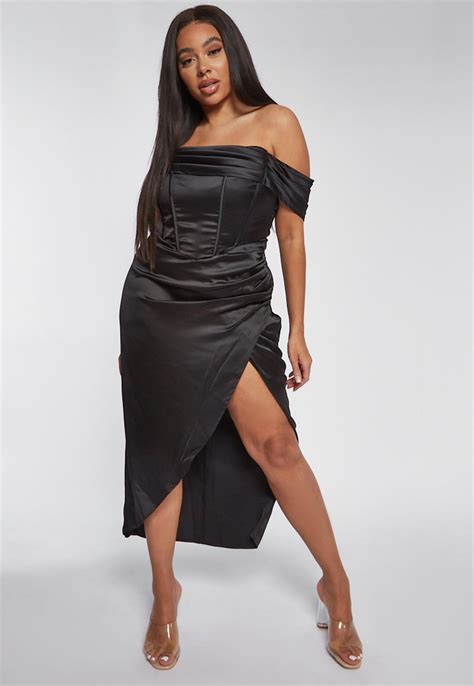 Plus Size Black Satin Corset Bardot Midi Dress | Missguided