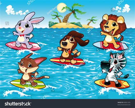 Funny Animals Are Surfing In The Sea Cartoon And Vector Illustration