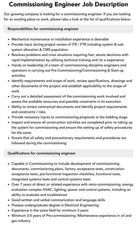 Commissioning Engineer Job Description Velvet Jobs