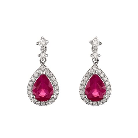 18ct White Gold Ruby And Diamond Halo Drop Earrings