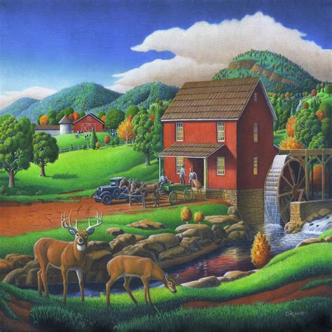 Old Red Appalachian Grist Mill Rural Landscape Square Format Painting