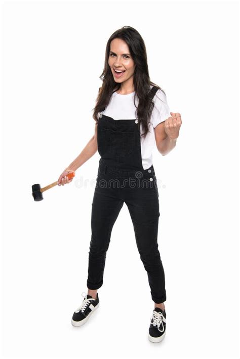 Brunette Girl Holding Hammer And Shaking Fist Isolated On White Stock Image Image Of