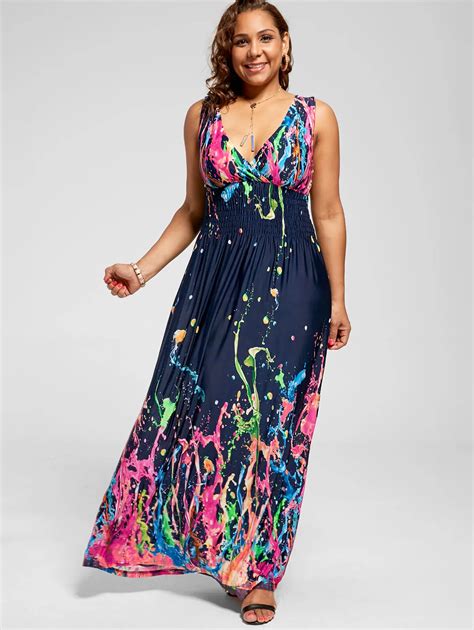 Wipalo Plus Size Deep V Neck Sleeveless Empire Waist Splatter Print Dress Women Summer Casual