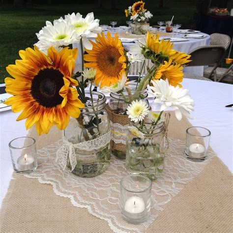 Diy sun print place cards. Daisies and sunflowers in mason jars. Burlap and lace ...