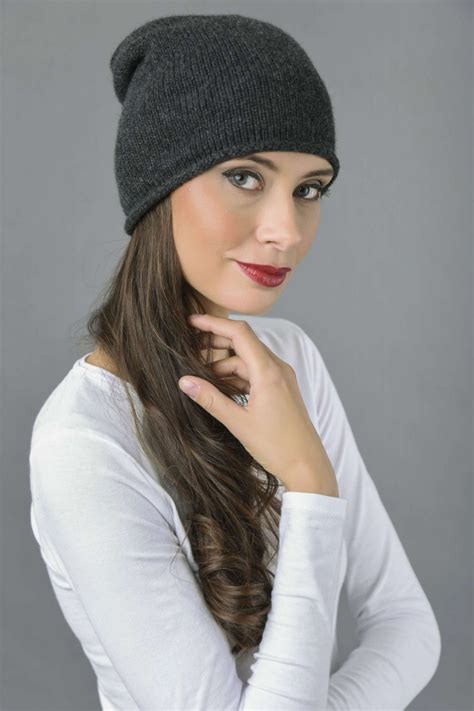 Pure Cashmere Plain Knitted Slouchy Beanie Hat In Charcoal Grey Italy
