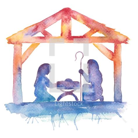 Water Color Nativity Illustration With Mary Joseph Baby Jesus Manger