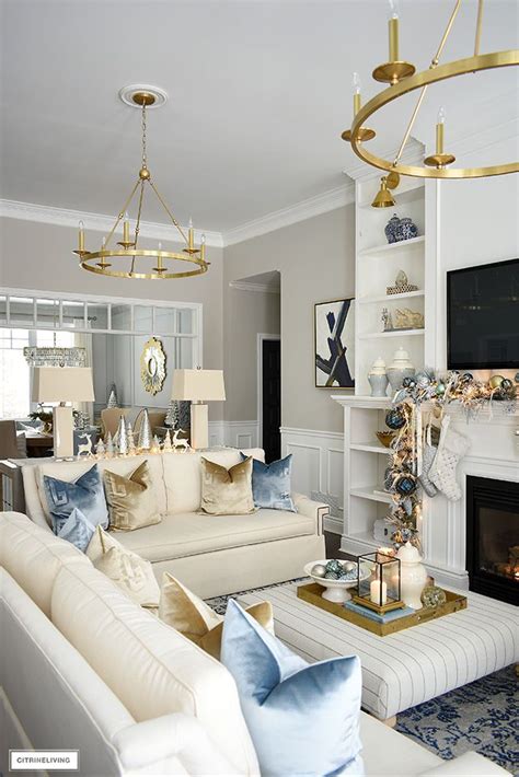 Elegant Christmas Living Room Soft Blue Gold Citrineliving White