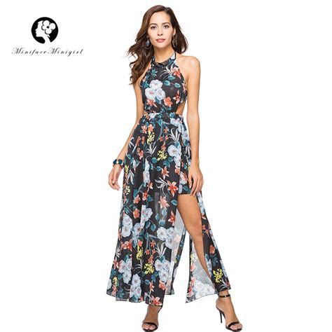 V Neck Sleeveless Backless Floral Printed Maxi Bohemian Dress