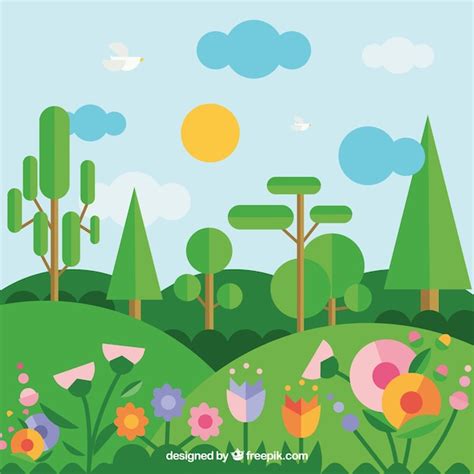 Geometric Landscape With Trees And Flowers Vector Free Download