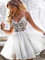 A Line V Neck Short White Lace Prom Dresses, Short White Lace Formal E ...