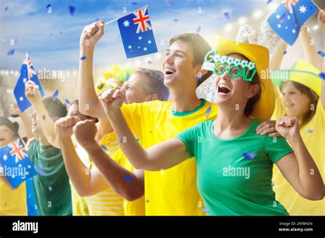 Australia Fans On Stadium Australian Supporters Crowd Cheering For Aussie Football Or Cricket