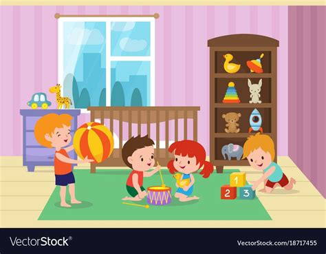 Children Playing With Toys In Playroom Of Kindergarten Vector
