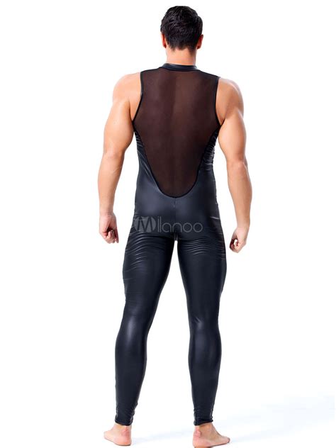 Men Sexy Costume Pu Leather Sheer Night Club Wear Stripper Costume