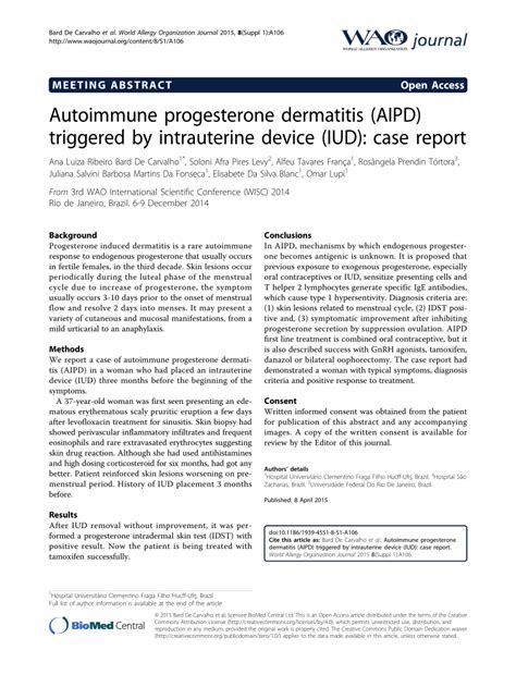 Pdf Autoimmune Progesterone Dermatitis Aipd Triggered By
