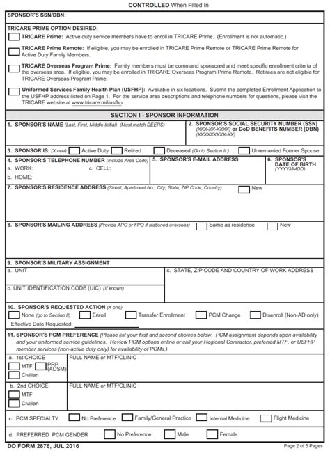 Dd Form 2876 Tricare Prime Enrollment Disenrollment And Primary Care