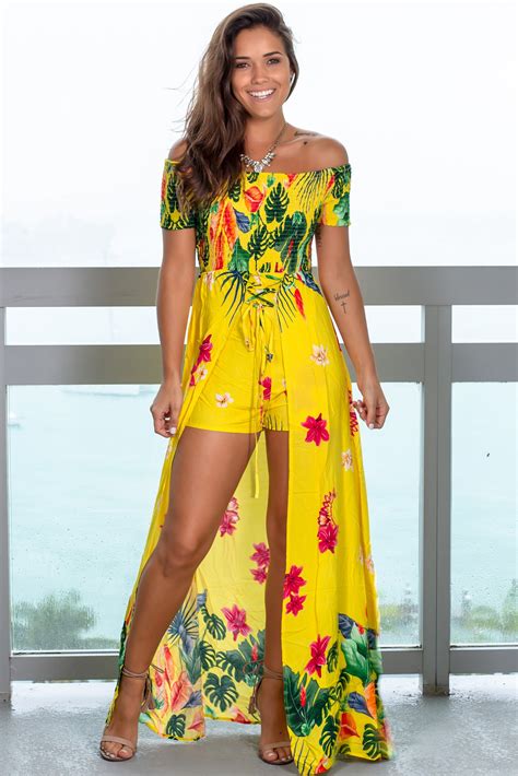 Yellow Floral Printed Maxi Romper Rompers Saved By The Dress