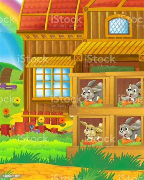 Cartoon Farm Scene With Animal Rabbit Having Fun On The Farm Ranch