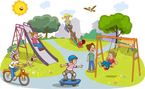 Ilustración Vectorial De Niños Felices Jugando En El Patio Vector Premium