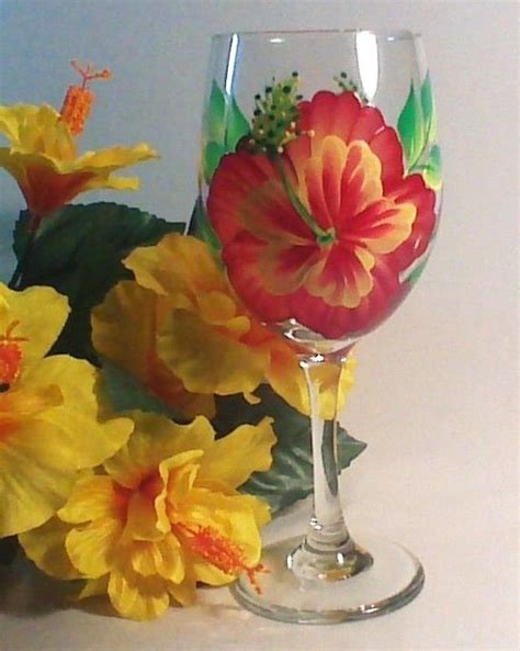 Hand Painted Colorful Hibiscus Flower White Wine Glass With Color Options Wine Glass Painted