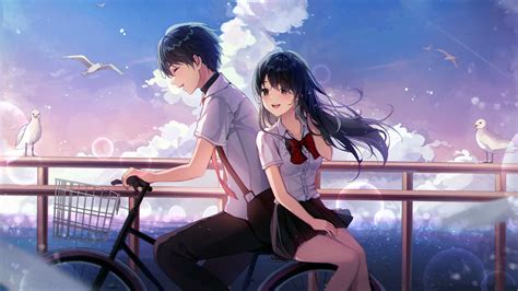 Beautiful Anime Couple With Uniform Pigeon Birds White Clouds Blue Sky
