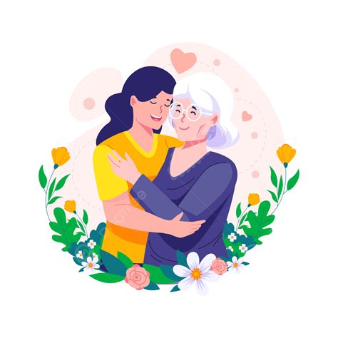 Feliz Hija Adulta Abrazando A Su Anciana Madre Con Amor Y Un Joven Abrazando La Ilustración Del