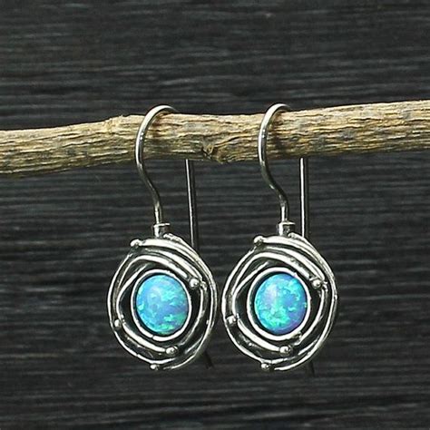 Silver Opal Earrings Round Drop Earrings Sterling Silver Blue