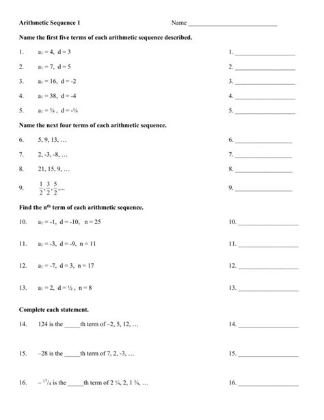 Precalculus worksheets with answers i can generate a set of ordered pa these domain and range worksheets are a good resource for students in the 9th grade through the 12th grade common core math 2 g 1 grade 2 geometry reason with f x dx calculus alert calculus is a branch of mathematics. Arithmetic Sequences Worksheet 1 Answer Key — excelguider.com