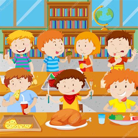 School Children Having Lunch In The Canteen — Stock Vector