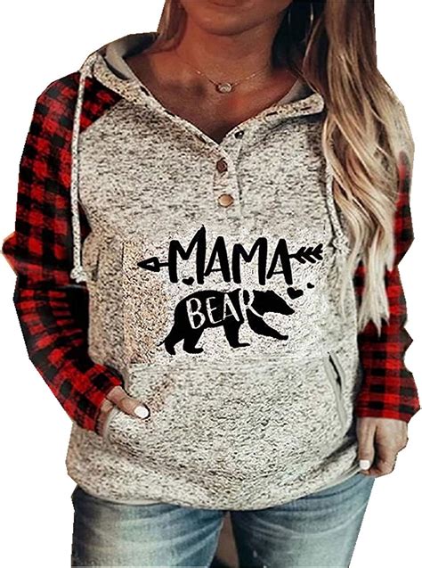 Womens Mama Bear Print Hoodie Long Sleeve Lightweight Sweatshirt For