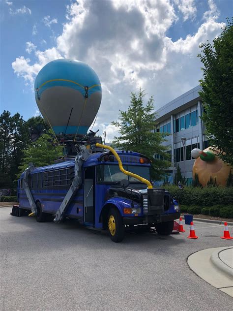 Take your squad to new heights with the battle bus. Close-up of the Fortnite battle bus that was at Epic Games ...