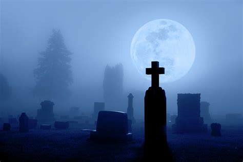 Full Moon Rising Over Spooky Foggy Cemetery At Midnight Photograph By