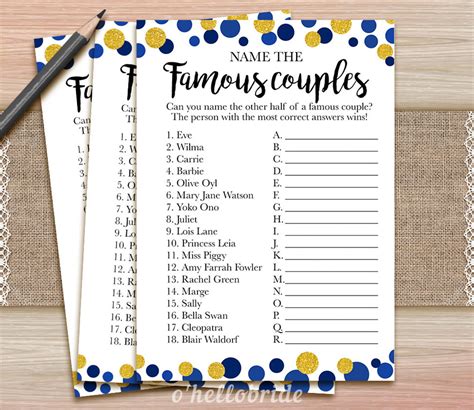 Name The Famous Couples Game Printable Navy Blue Bridal Etsy