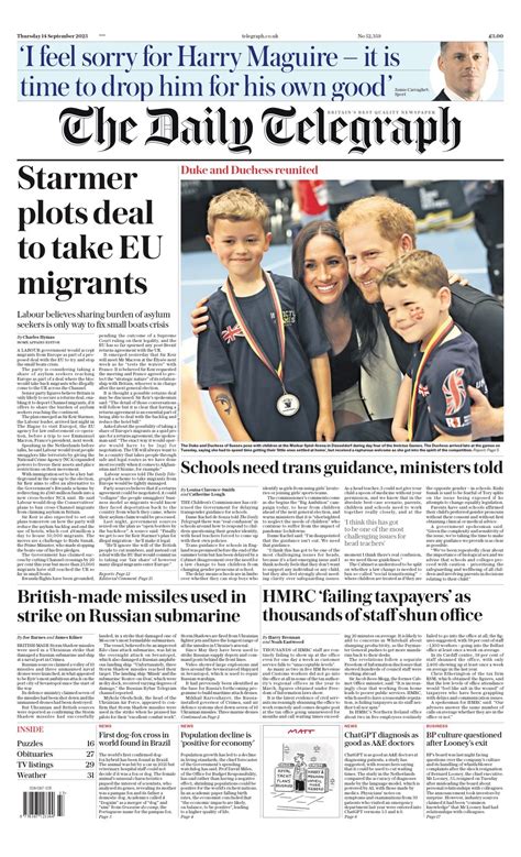 Daily Telegraph Front Page 14th Of September 2023 Tomorrow S Papers