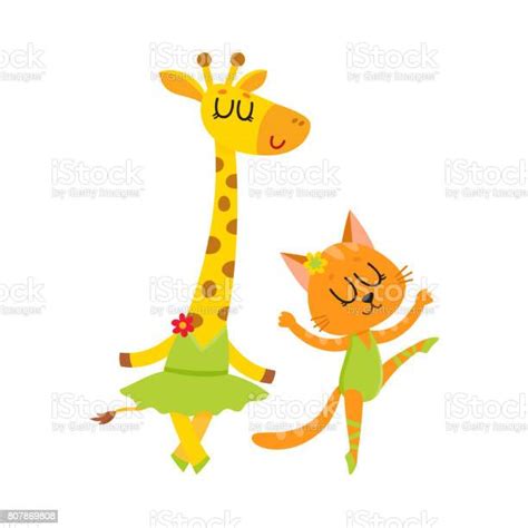 Cute Little Giraffe And Cat Kitten Characters Dancing Ballet Together