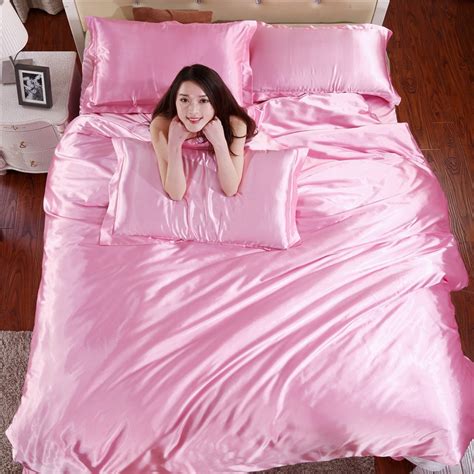 Silk Light Pink Satin Bedding Sets Solid Satin Quilt Cover Set Flat Sheet Pillow Sham Full Queen